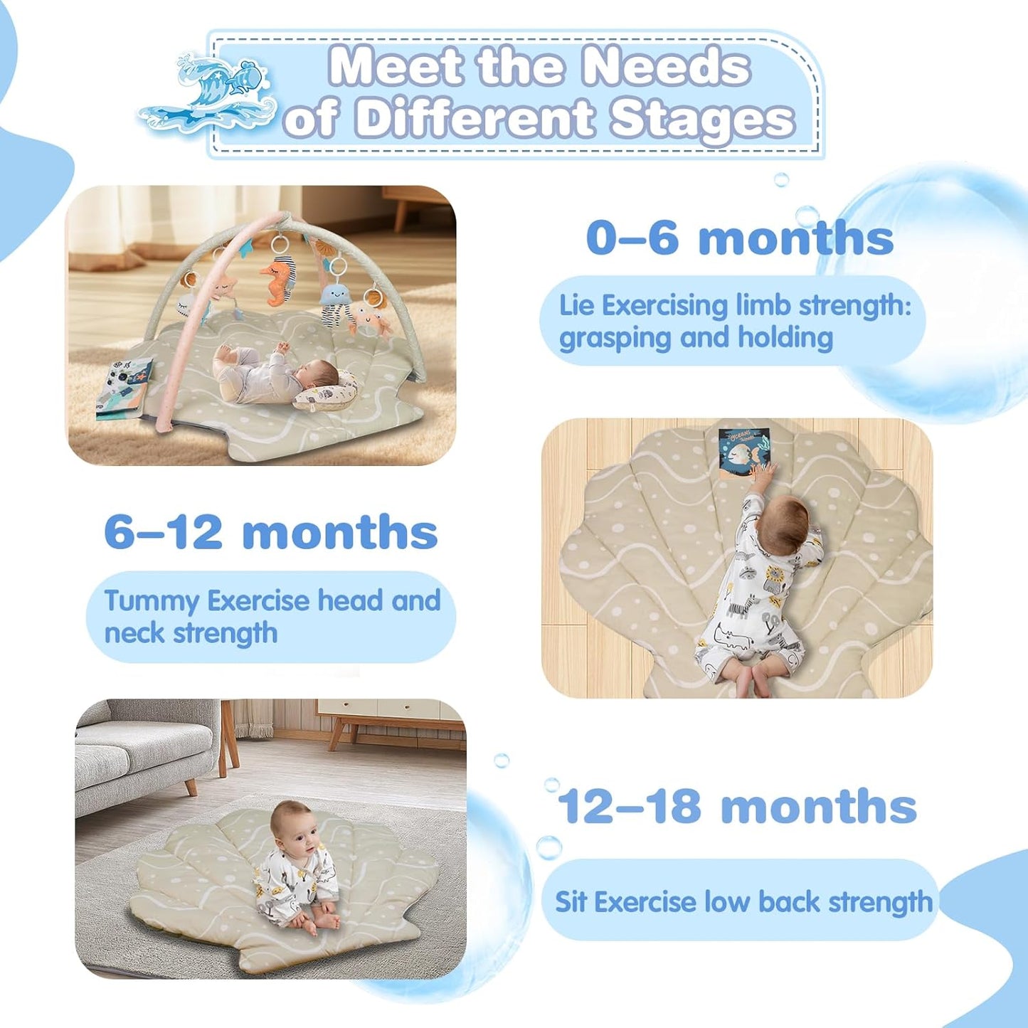 Baby Play Mat, Oversize Shell Tummy Time Mat with 6 Detachable Baby Activity Toys, Baby Gyms & Playmats for Babies 0-6 Months, Baby Mat for Floor Newborn Baby Shower Gifts (Beige)