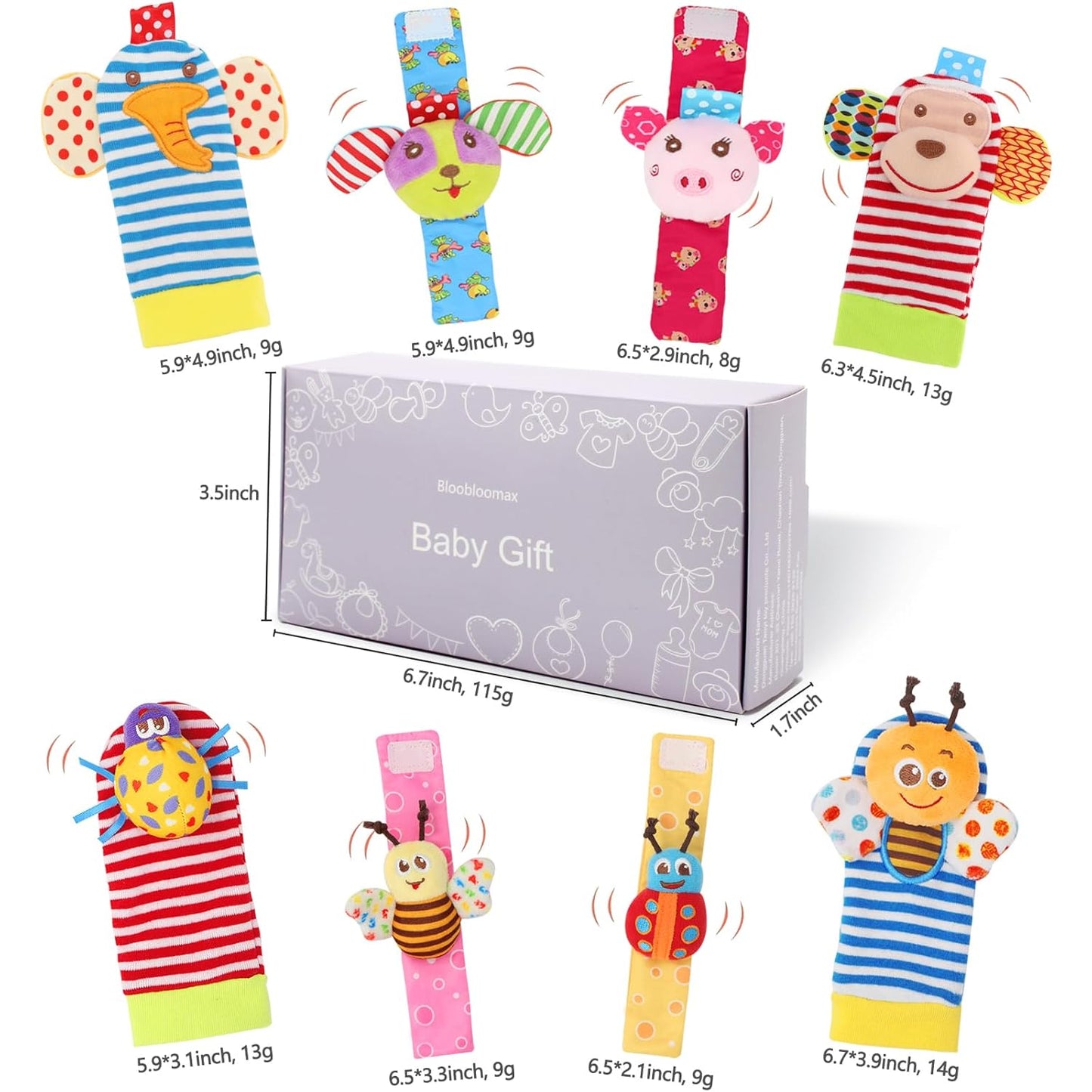 Bloobloomax Soft Baby Rattle Wrist Rattle Foot Finder Socks Set,Cotton and Plush Stuffed Infant Toys,Birthday Holiday Birth Present Gift for Newborn Boy Girl Kids Toddler (8pcs-B Set)