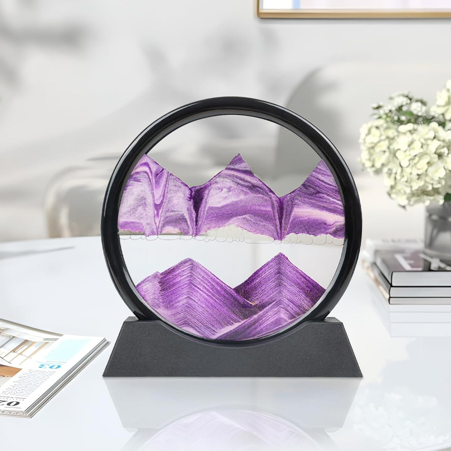 Drakswet Moving Sand Art Liquid Motion,Moving Sand Art Picture-3D Deep Sea Sandscape,Round Glass Frame Display Flowing Sand Relaxing Desktop Home Office Work Decor (Purple)