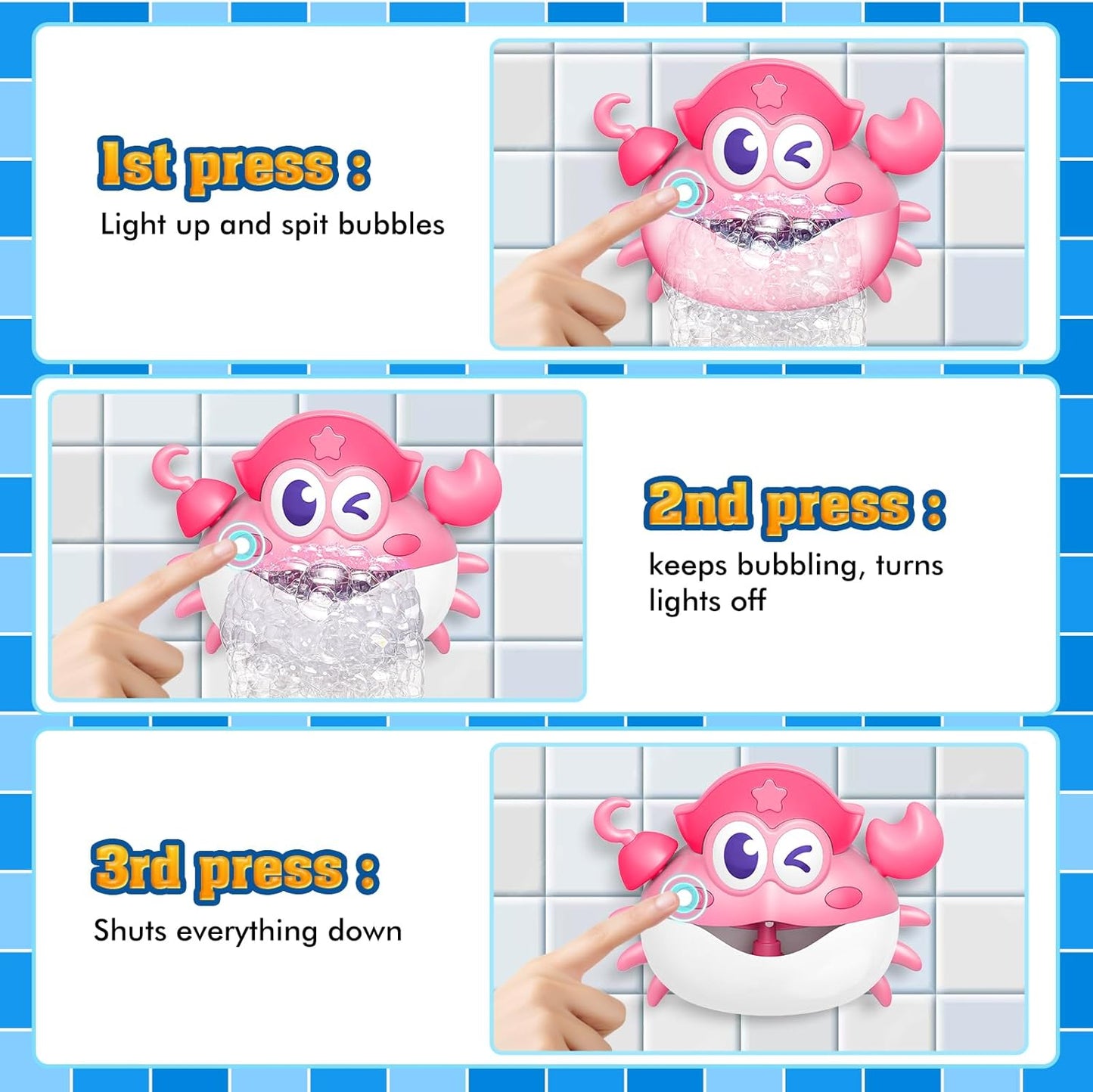 Baby Bath Toys,Light Up Crab Bubble Machine Blower with LED Lights,3 Cute Wind-Up Bath Toys for Kids Ages 1-3 4-8 Toddler Bathub Toy Great Birthday Gifts for Kids