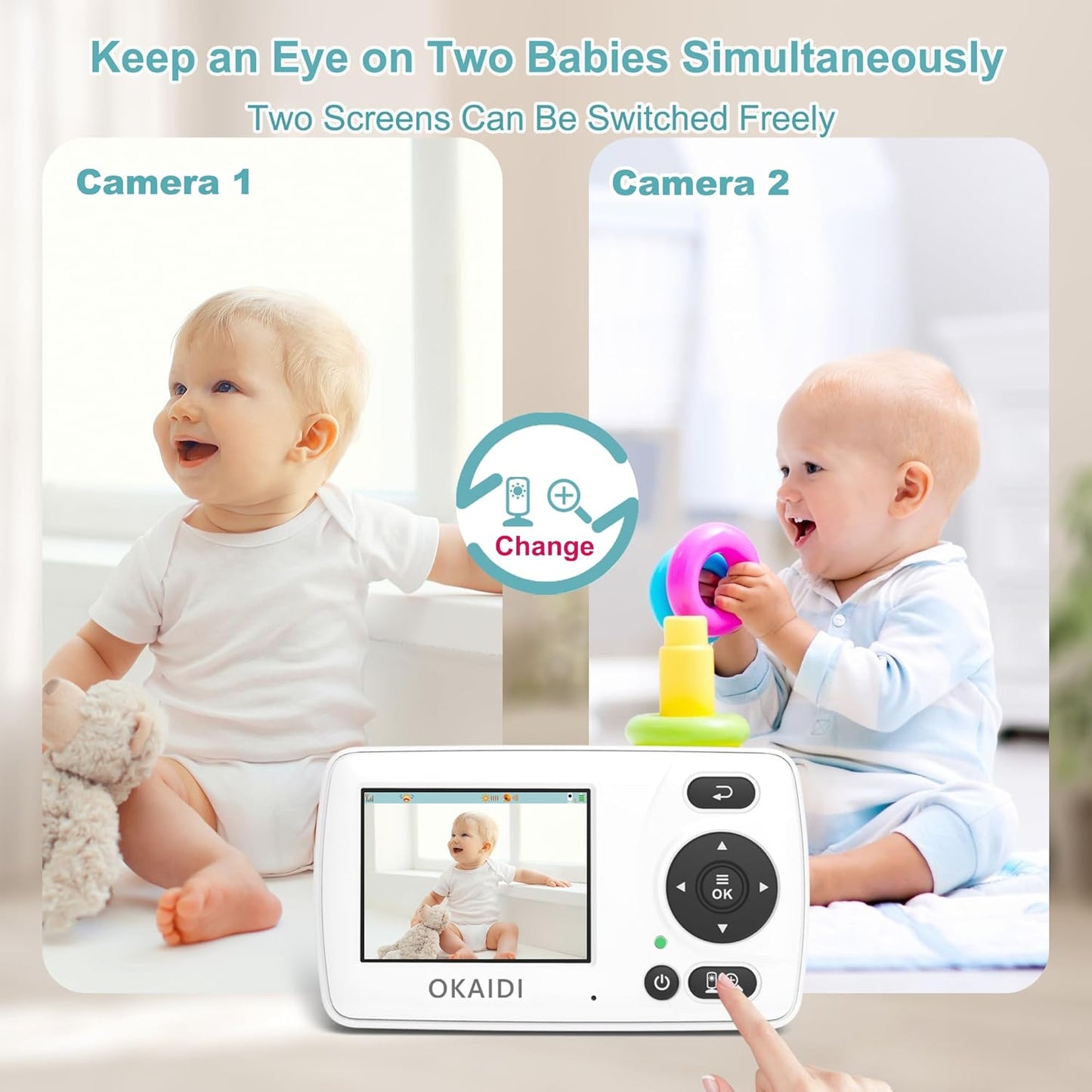 Video Baby Monitor with 2 Cameras, 2.4'' Portable Travel Screen, 1000ft Long Range Transmission, Baby Monitor No WiFi, Infrared Night Vision, VOX Mode