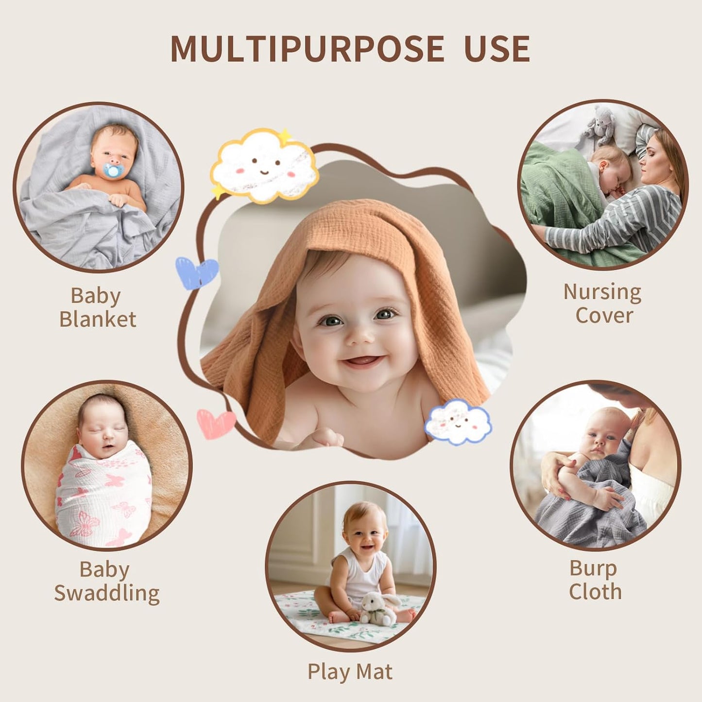 Muslin Swaddle Blankets for Newborn, 2 Pack Breathable Soft Receiving Blanket, Large 41 x 41 inches Swaddle Wrap Burping Clothes, Essentials Infant Shower Items. (White & Light Gray)