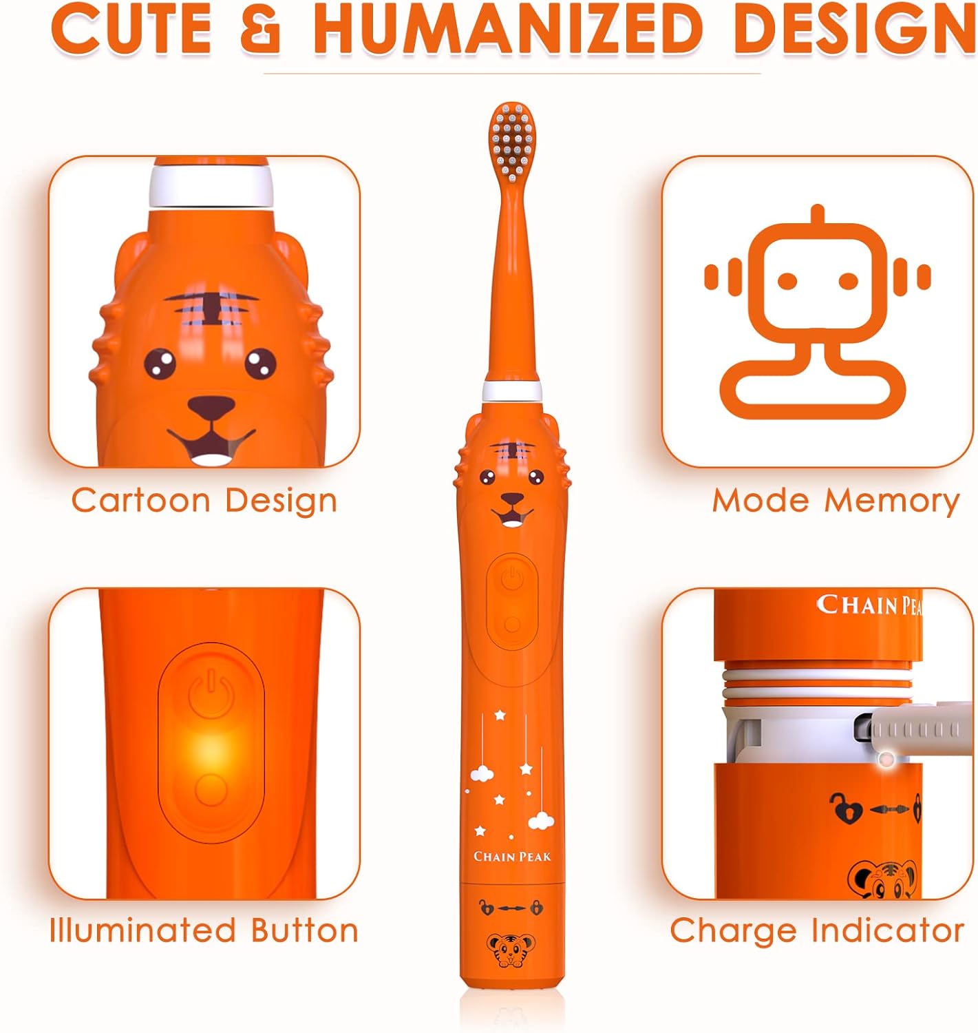 Kids Sonic Electric Toothbrush, Rechargeable Smart Toothbrush for Children Age 3-12, 2 Mins Timer, 6 Modes, 6 Brush Heads, Wall-Mounted Holder