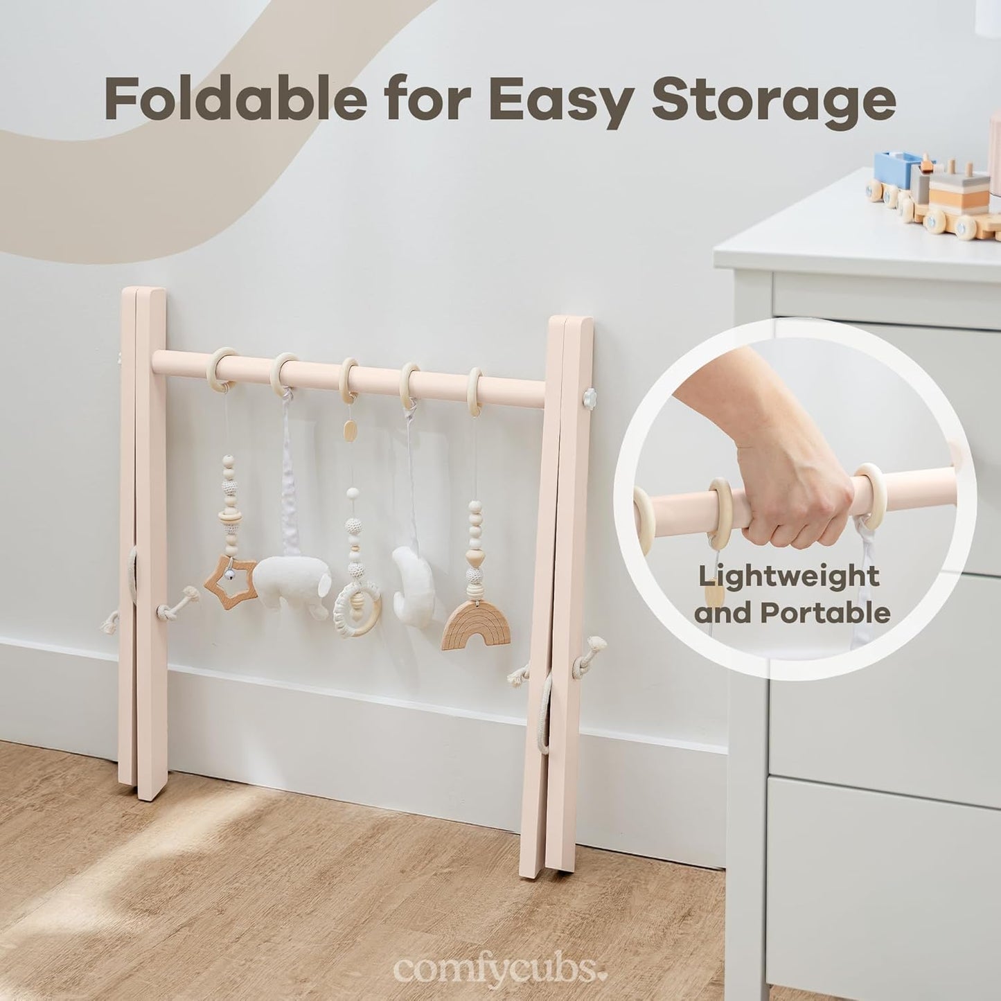 Comfy Cubs Wooden Baby Play Gym - Natural Finish Pinewood Baby Activity Gym with 5 Sensory Hanging Toys - Easy No-Tool Assembly, Safe and Durable for Infant Motor and Visual Development - Blush