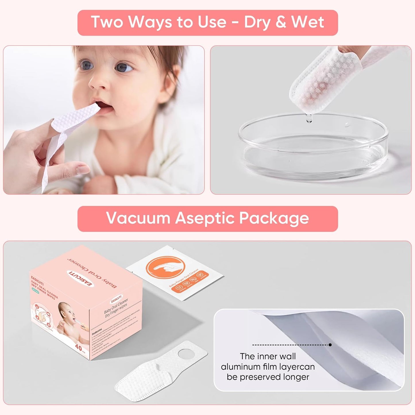 EASICUTI 40Pcs Baby Finger Toothbrush, Dry Wipes Baby Toothbrush, Baby Tongue Cleaner, Newborn Tooth and Gum Wipes, BAB y Oral Cleaner, Infant Toothbrush Mouth Clean for 0-36 Month