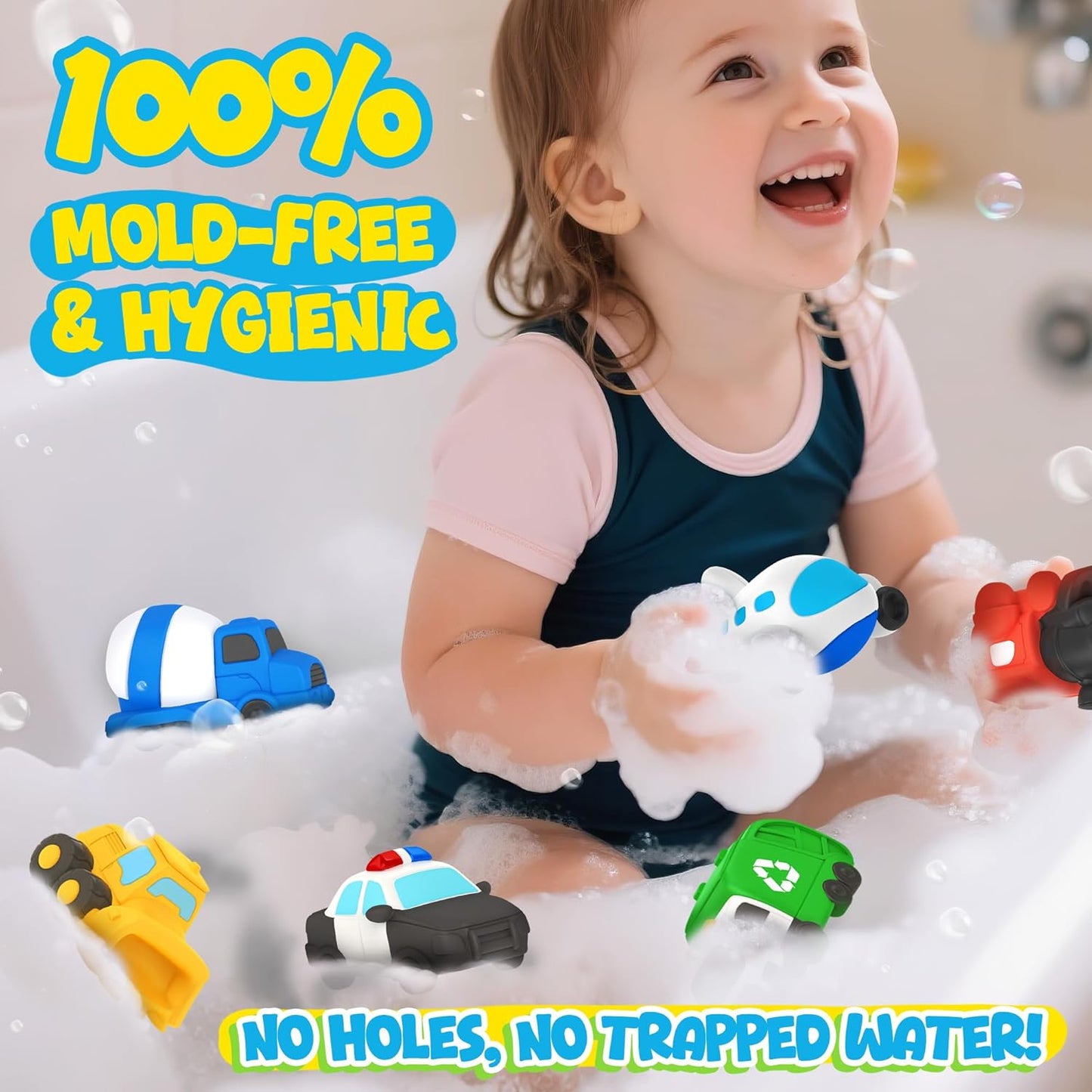 6 PCS Vehicle Floating Bath Toys Mold Free Infant Bath Tub Toys for 12 Months - No Hole Bathtub Toys for Toddlers 1-3 Water Pool Toys for Baby Toddler Ages 1+