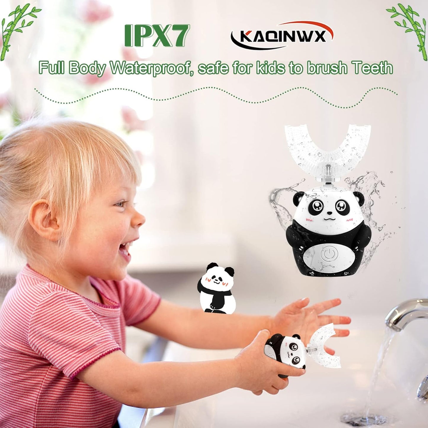 Kids U Shaped Electric Toothbrush for Age 2-12, Rechargeable Toddler Toothbrush with Smart Timer & 3 Clean Modes, Panda Design, IPX7 Waterproof, 3 Brush Heads & 360°Cleaning