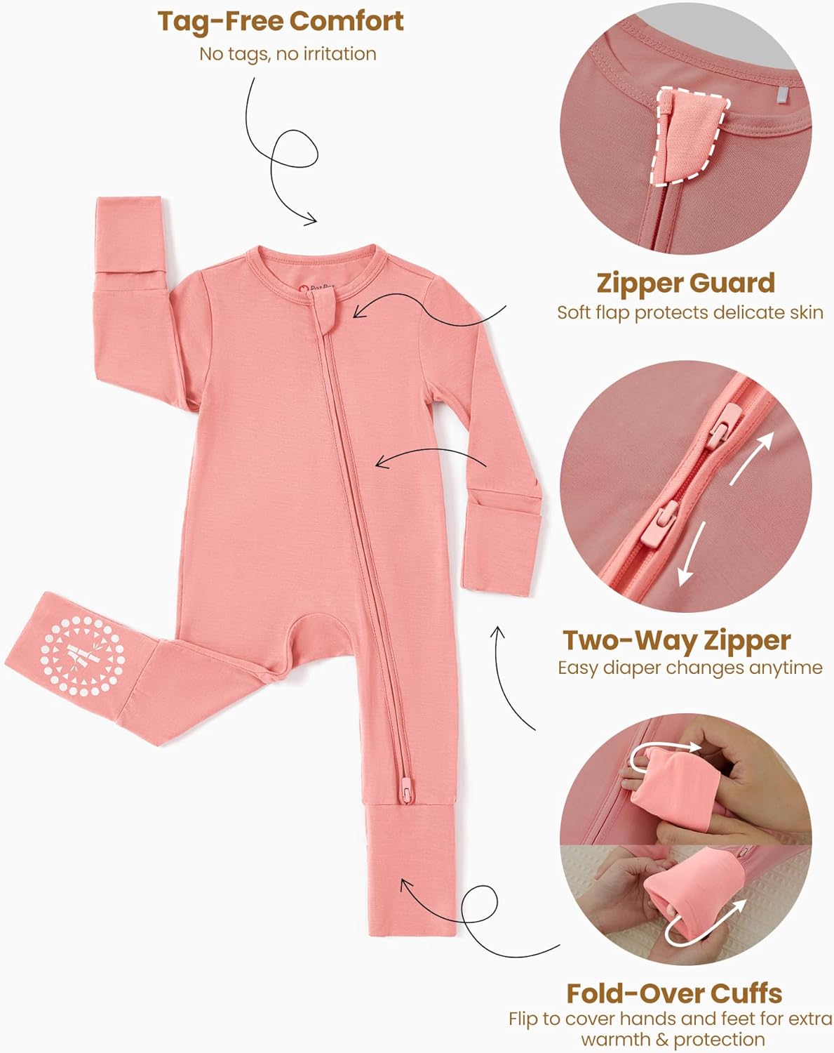 PATPAT Baby Footies Boys Girls - Bamboo Viscose - Zipper & Non-Slip Soles Romper Mitten - Footed & Footless Infant Clothes
