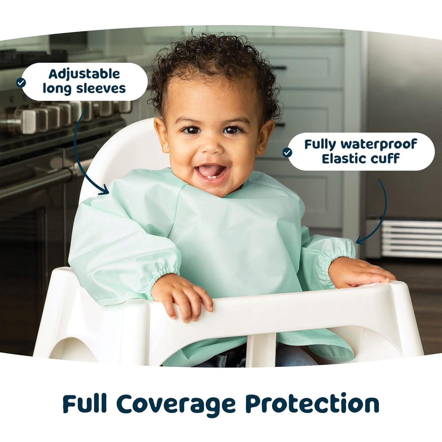 Tiny Twinkle Mess Proof Baby Bibs, 2pk Waterproof Smock Baby Bibs for Eating, Machine Washable Long Sleeve Bibs, Baby Led Weaning, Toddler Bibs, BLW Supplies (Sage Charcoal, Large 2-4 Years)