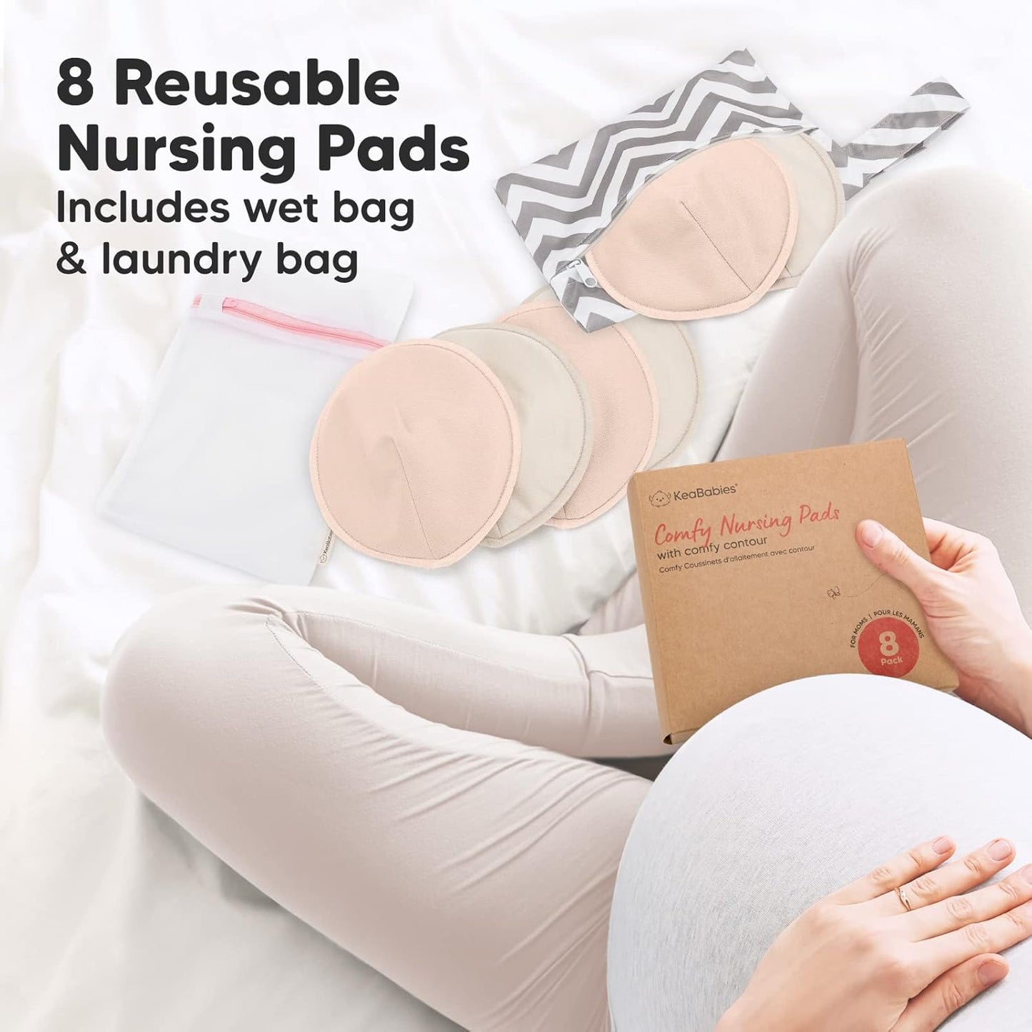 Organic Nursing Pads - 8 Washable Viscose Derived from Bamboo Breastfeeding Pads, Wash Bag, Reusable Breast Pads for Breastfeeding, Nipple Pads for Breastfeeding Essentials(Neutrals, L 4.8")
