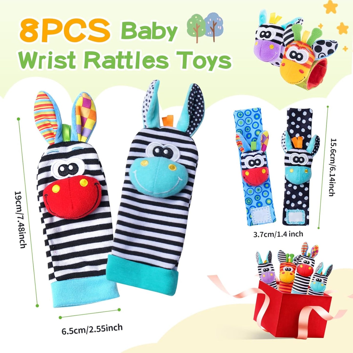 Baby Rattle Socks Set, Hand and Foot Finder Rattles Toys for Babies 0-6 Months, Infant Shower Gifts Set with Wrist Rattle Socks, Newborn Sensory Toy for Boys Girls 0-12 Months