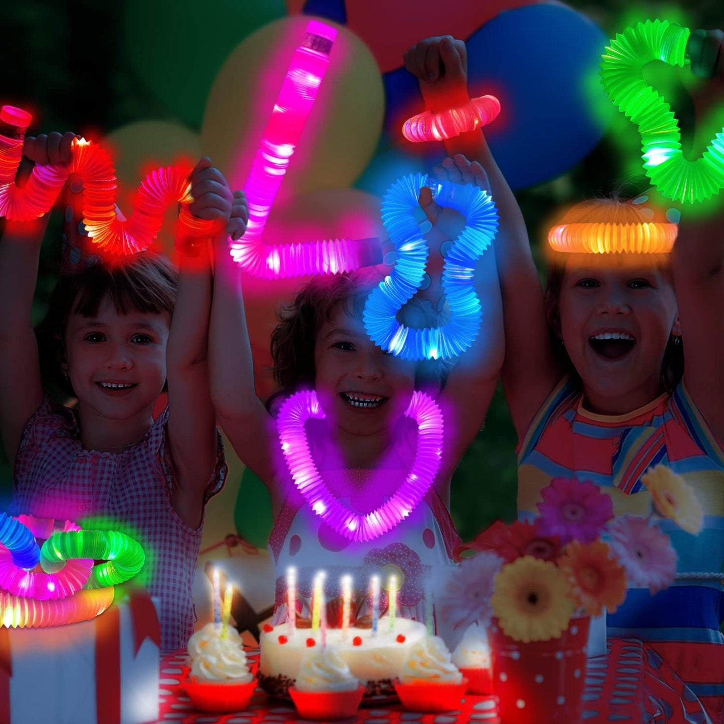 Light Up Pop Tubes for Kids 6 PCS, Halloween Glow Sticks Party Favors for Toddlers, Neon LED Bracelets Necklaces Accessories for Children, Travel Camp Camping Fun Toys Gifts for Boys Girls