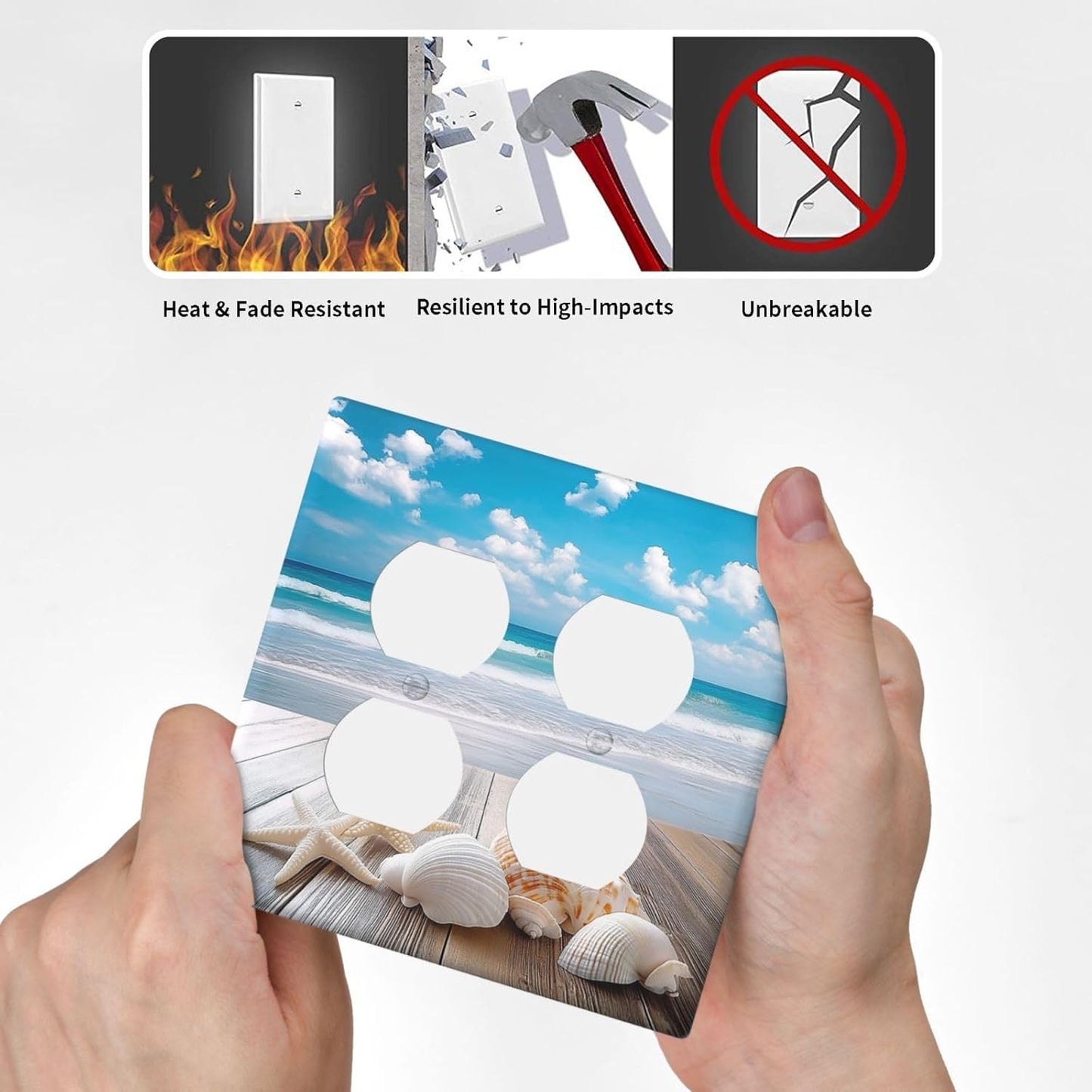 Outlet Covers Beach Waves Brown Wood Starfish Shells 2 Gang Double Duplex Decorative Light Switch Covers Electrical Wallplates Socket Faceplate For Bathroom Living Room Decor