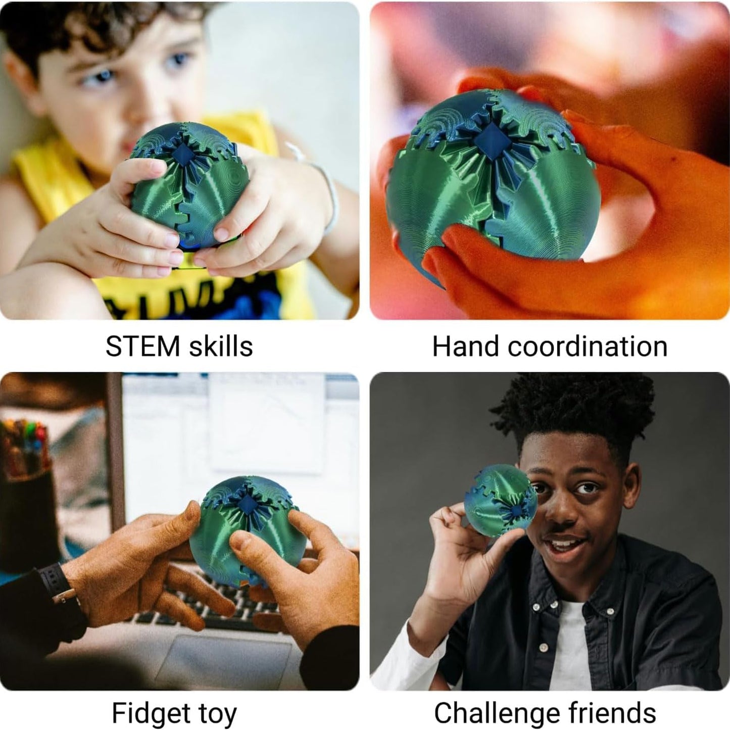 Gear Ball, Gear Sphere 3D Printed Gear Ball Fidget Toy Spin Ball, GearSphere Desk Toy, Stress Ball, Fidget Ball, Gear Toy for Stress and Anxiety Relaxing (Laser Blue Green)