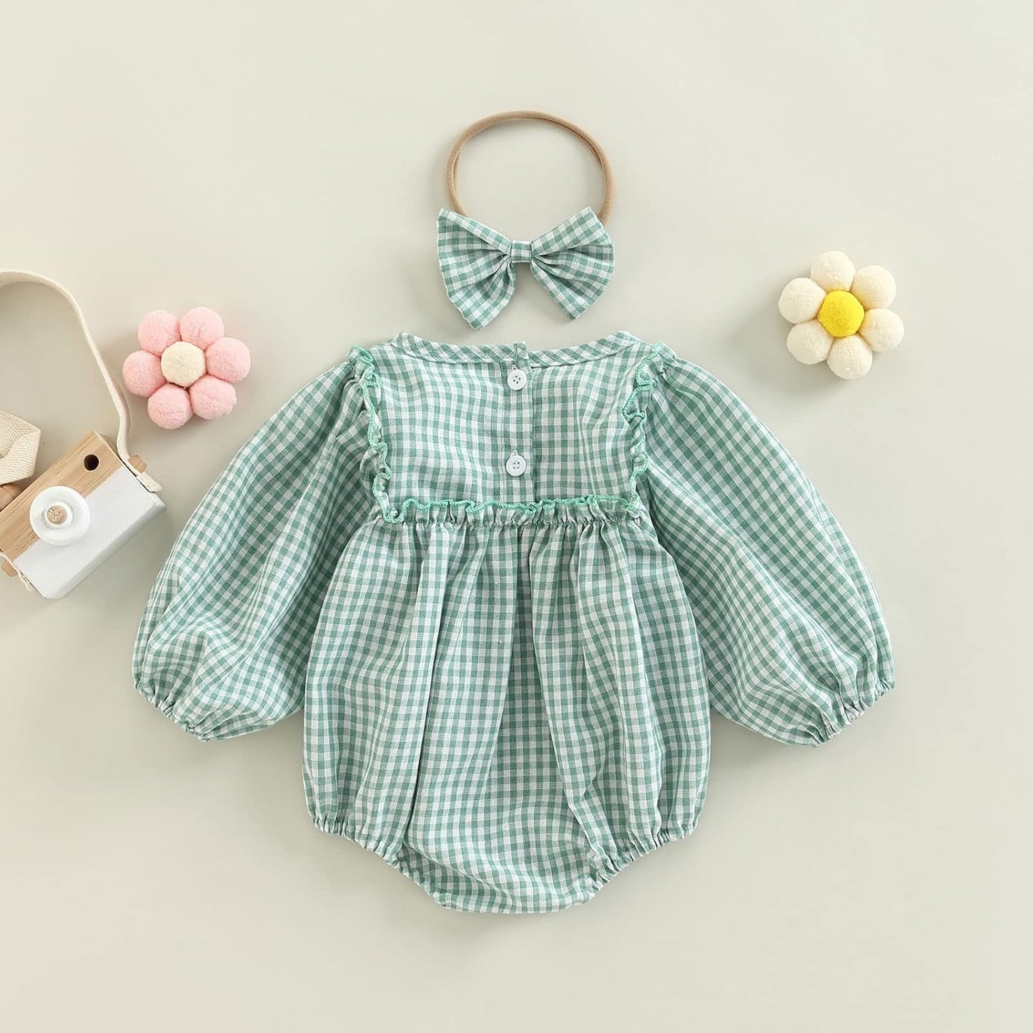 Douhoow Infant Baby Girl Plaid Romper Baby Sweatshirt Romper Ruffle Festival Clothes Fall Winter Outfits with Headband