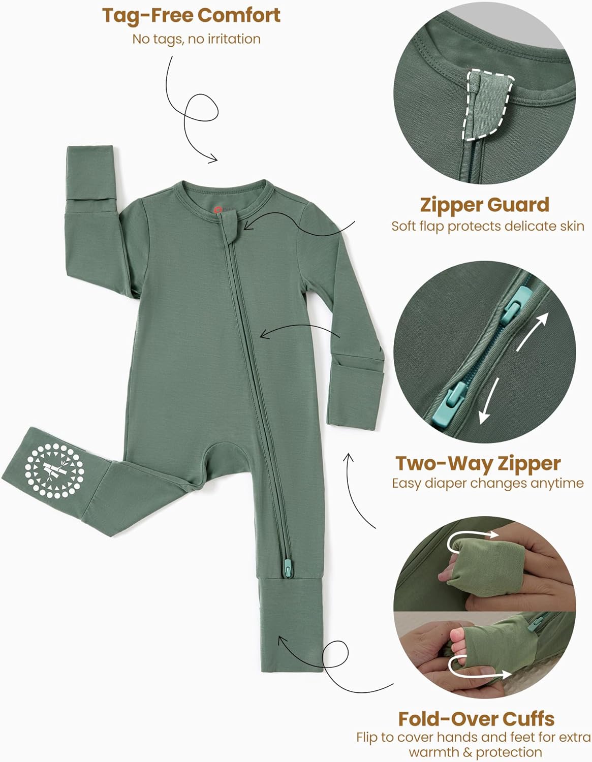 PATPAT Baby Footies Boys Girls - Bamboo Viscose - Zipper & Non-Slip Soles Romper Mitten - Footed & Footless Infant Clothes