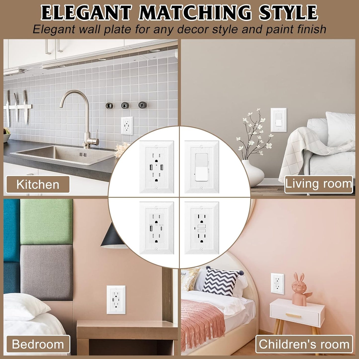 Modern Decorative Wall Plate Switch Plate Outlet Cover, Vintage Retro Wood Grain Design(Single Decorator-10 Pack, White)