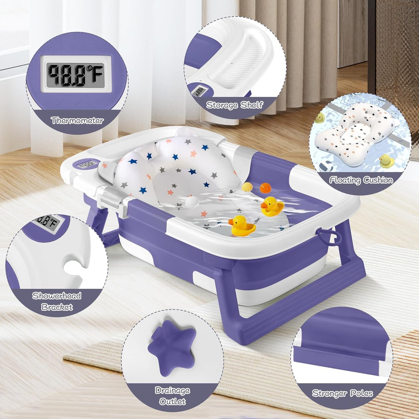 Collapsible Baby Bathtub,Baby Bath Tub with Thermometer & Soft Cushion,Baby Bathtub for Newborn to Toddler 0-36 Months,Portable Travel Baby Tub with No-Slip Feet,Baby Shower Gifts,Lavender