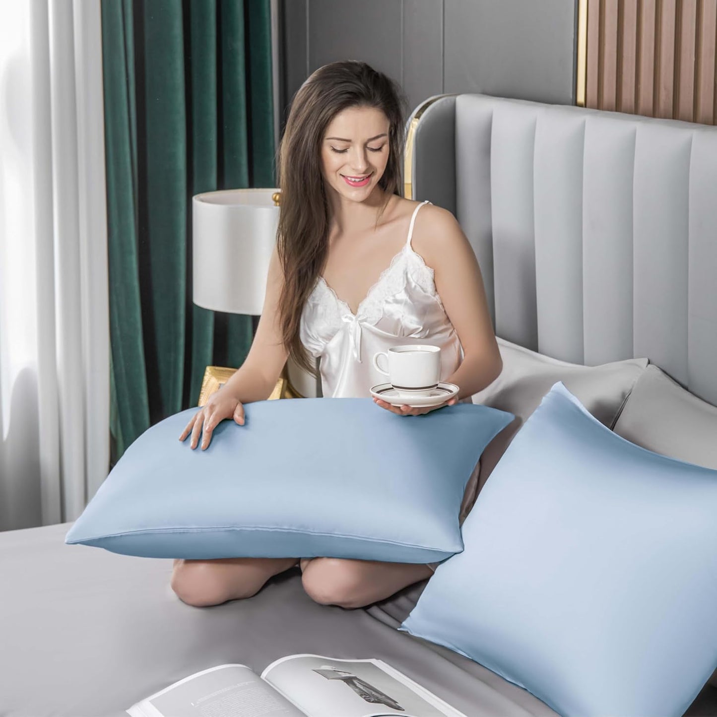 Mulberry Silk Pillowcase for Hair and Skin,Cooling Silk Pillow Case with Hidden Zipper,Allergen Proof Dual Sides Soft Breathable Smooth Silk Pillow Cover for Women (Light Blue,Body)