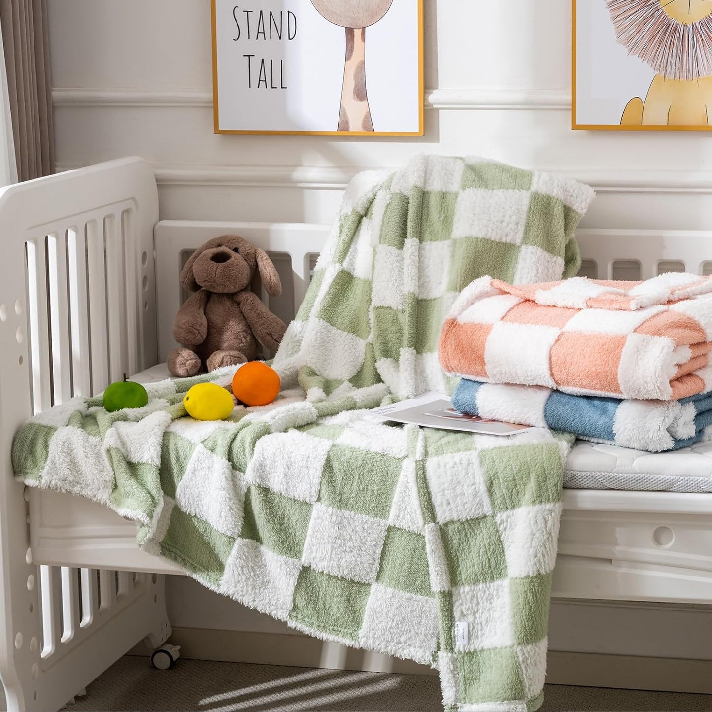 Fleece Baby Blanket for Boys 3D Checkerboard Design, Warm Cozy and Fluffy Infant Newborn Toddler Small Receiving Blankets for Crib Stroller, 30x40 Inches, Green