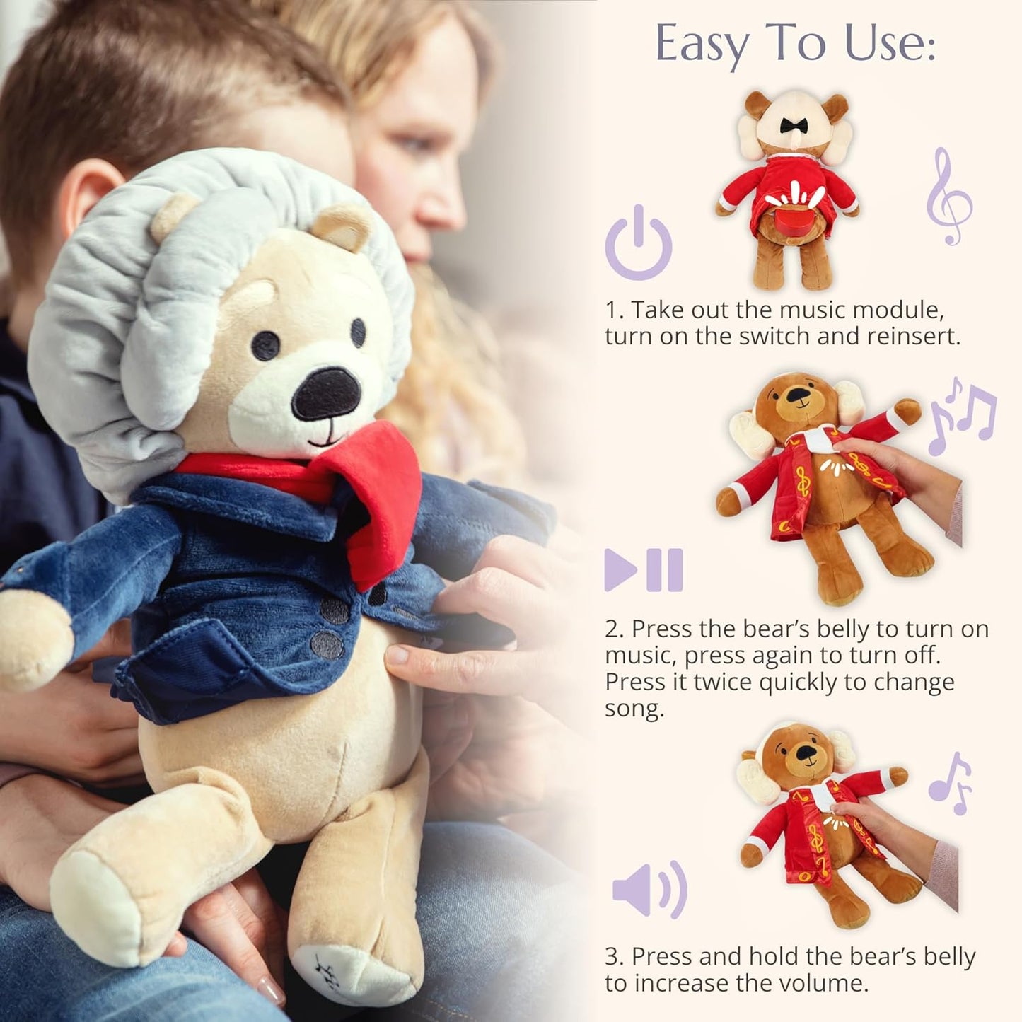 Ludwig Van Beethoven Virtuoso Bear – Plays 40 Mins of Classical Music, Educational & Soothing Musical Teddy Bear for Babies & Toddlers, Ideal
