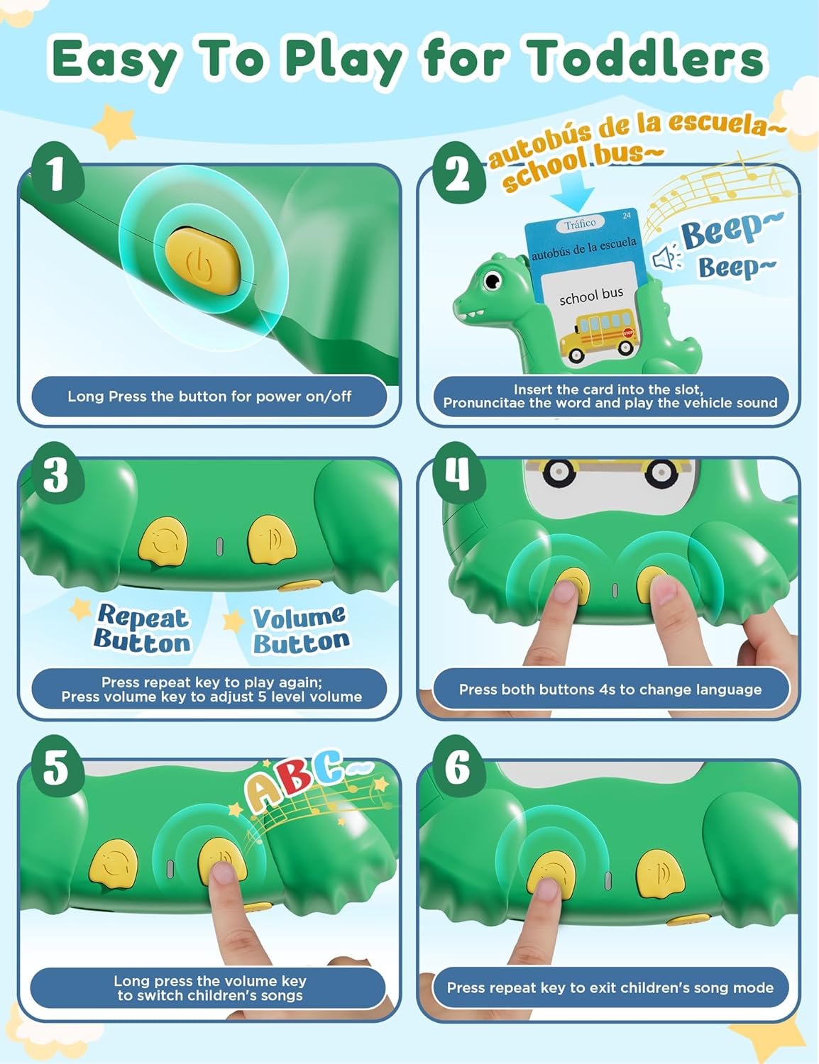 Spanish and English Talking Flash Cards for Toddlers with 510 Sight Words, Dinosaur Shaped Bilingual Pocket Speech Therapy and Autism Toys, Educational Learning Toys Gift for Kid Boys Girls