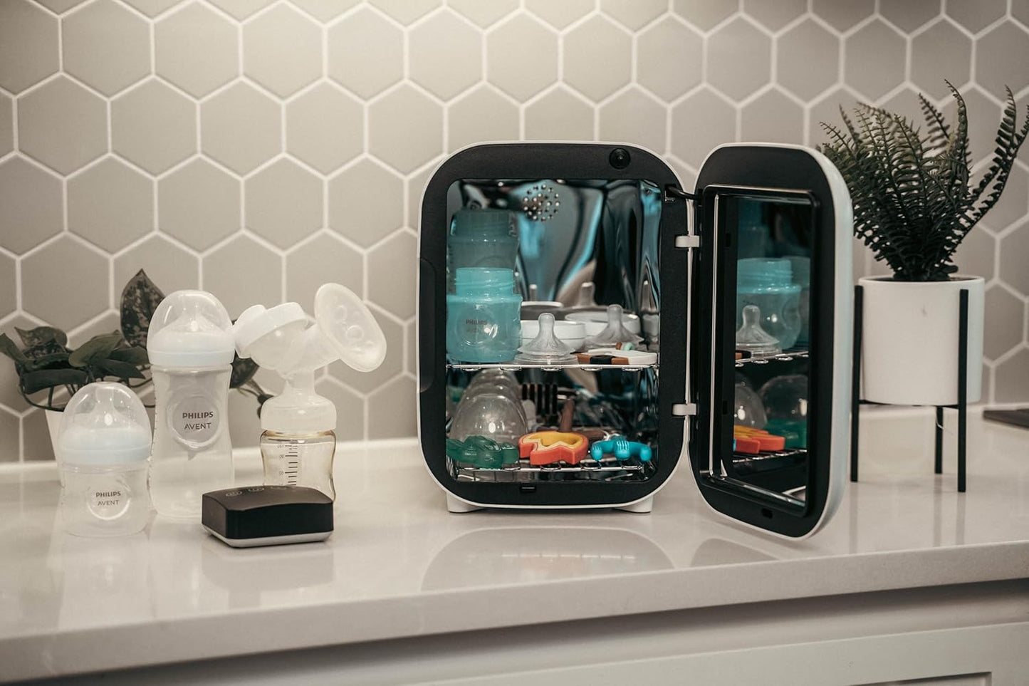 WABI UV LED 3-in-1 Sanitizer & Dryer MINI Box | Disinfect, Dry, & Store Everyday Items, Baby Feeding Gear, and Electronics | Touch Control, LED (No Mercury) | Smart Storage Mode | Fits 4-6 Baby Bottle