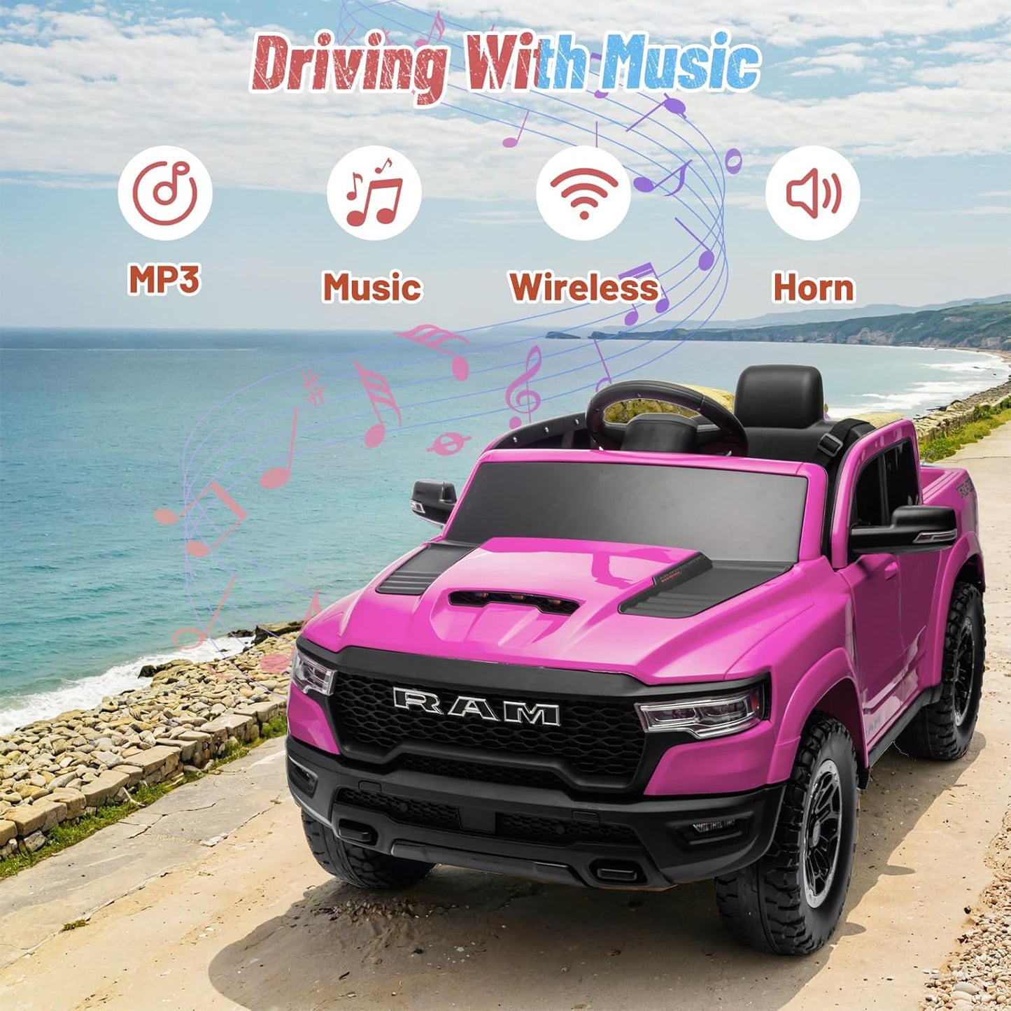 Licensed Ram 1500 Ride on Toys for Kids 4-8, Ride-on Electric Car for Kids with Remote Control, Battery Powered with Car Key/Gear Selector, LED Light/Music/MP3, Back Storage (Pink)