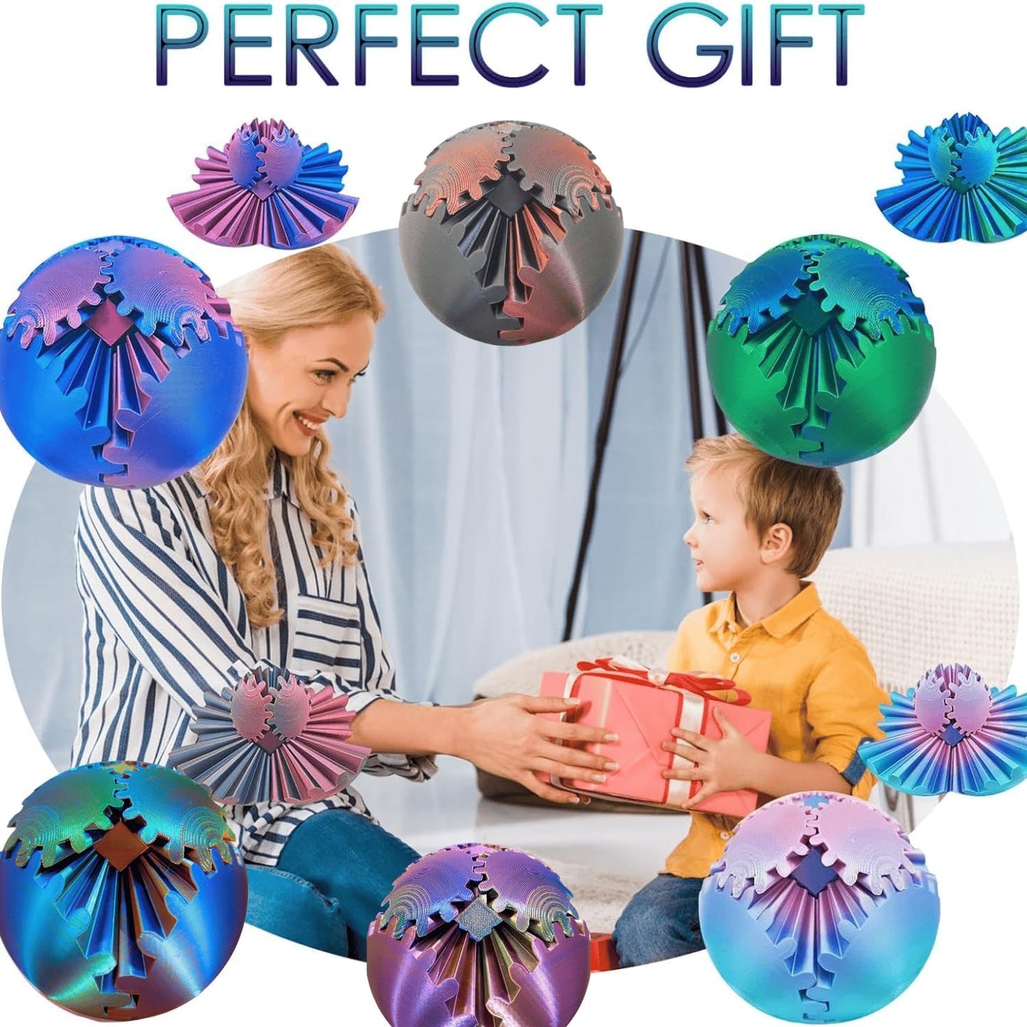 GearSphere 4.2in 3D Printed Gear Sphere Spin Ball Cube Fidget Toy, Stress Ball, Desk Toy for Anxiety Relaxing (Laser Blue Gold)