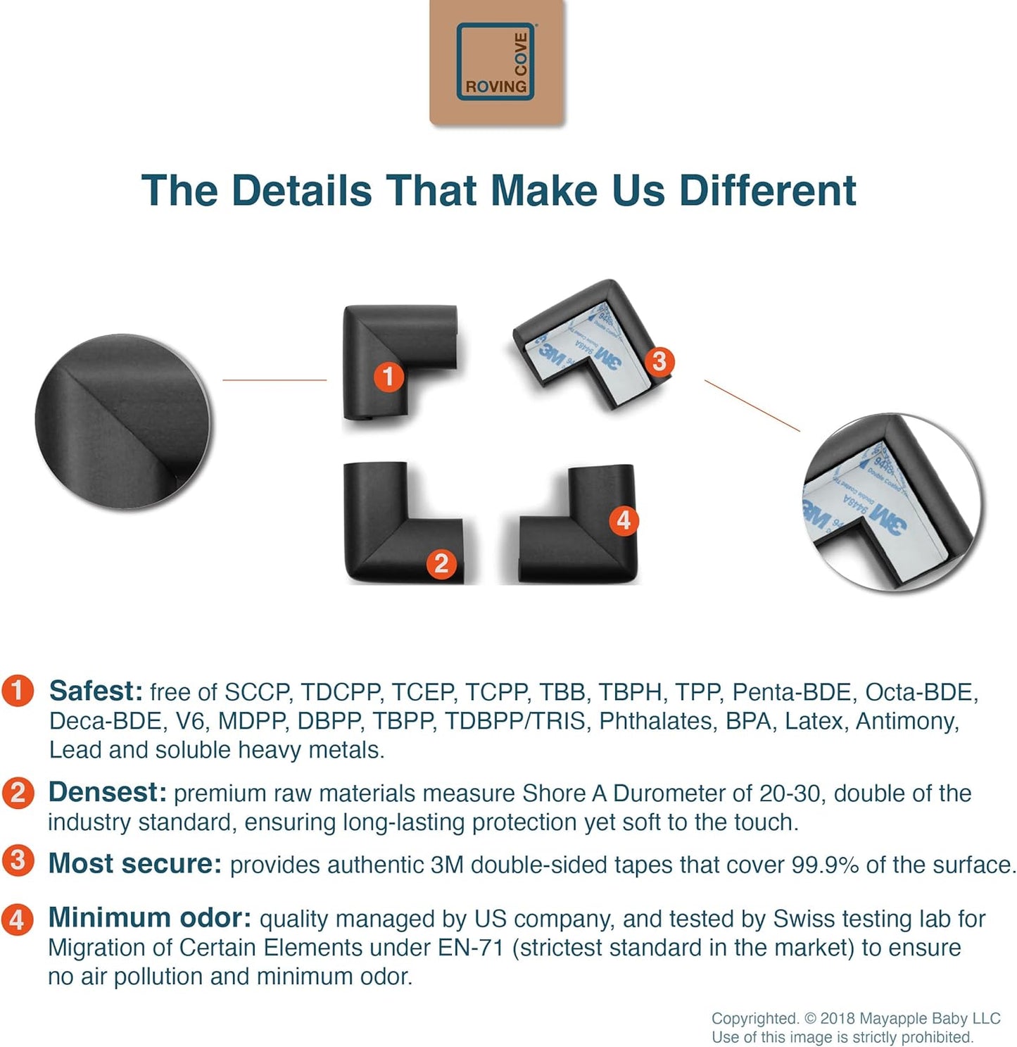 Roving Cove HeftyFit Corner Protector for Baby (16 Large Corners), Heavy-Duty Soft Rubber Foam Furniture Corner Bumper Guards, 3M Adhesive Pre-Taped, Onyx Black