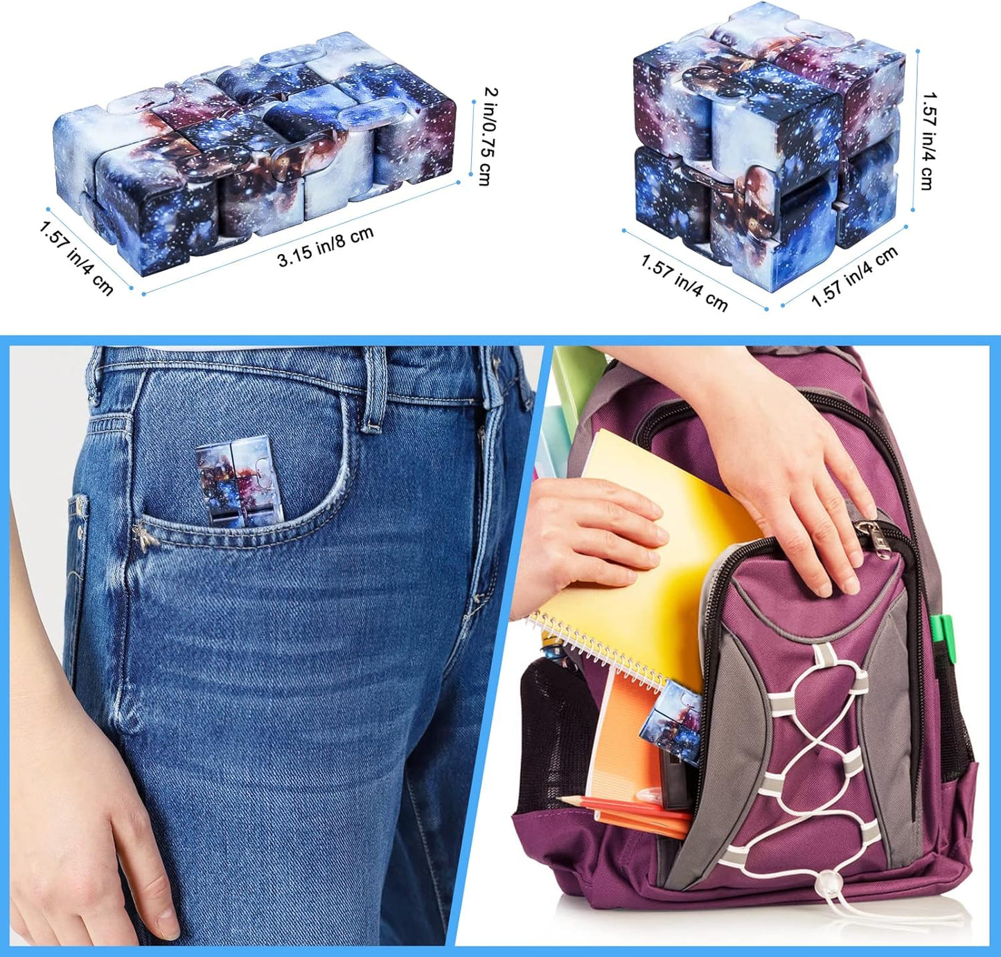 Infinitycube Fidget Toy Stress Relieving Fidgeting Game for Kids and Adults,Cute Pocket-sized Unique Gadget for Anxiety Relief and Kill Time (4, Galaxy & Macaron Blue)