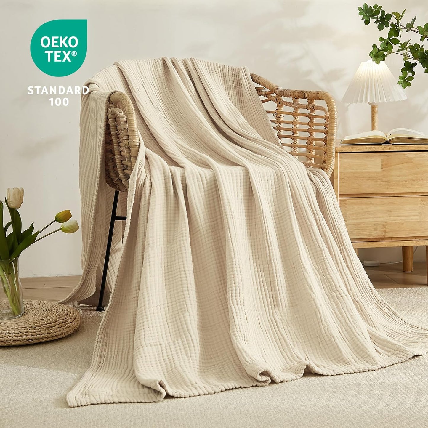 EMME Cotton Blanket King Size for Bed Soft Muslin Blankets 108"x90" Lightweight Breathable Layering Bedspread Coverlet All Season Gauze Blanket, Light Tan