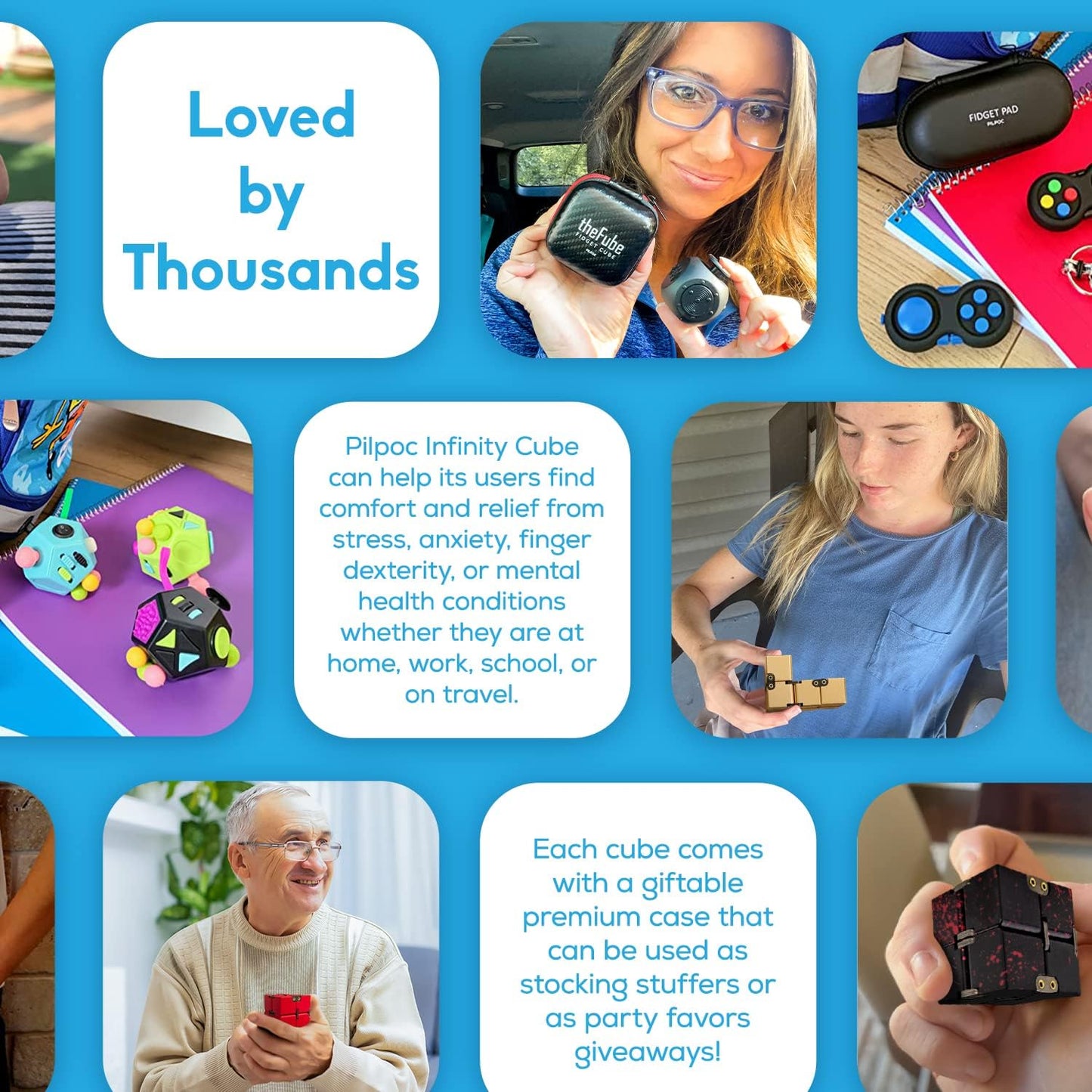 PILPOC theFube Infinity Cube Fidget Desk Toy - Aluminum Infinite Magic Cube with Case, Sturdy, Heavy, Relieve Stress and Anxiety, for ADD, ADHD, OCD (Blue Pink)