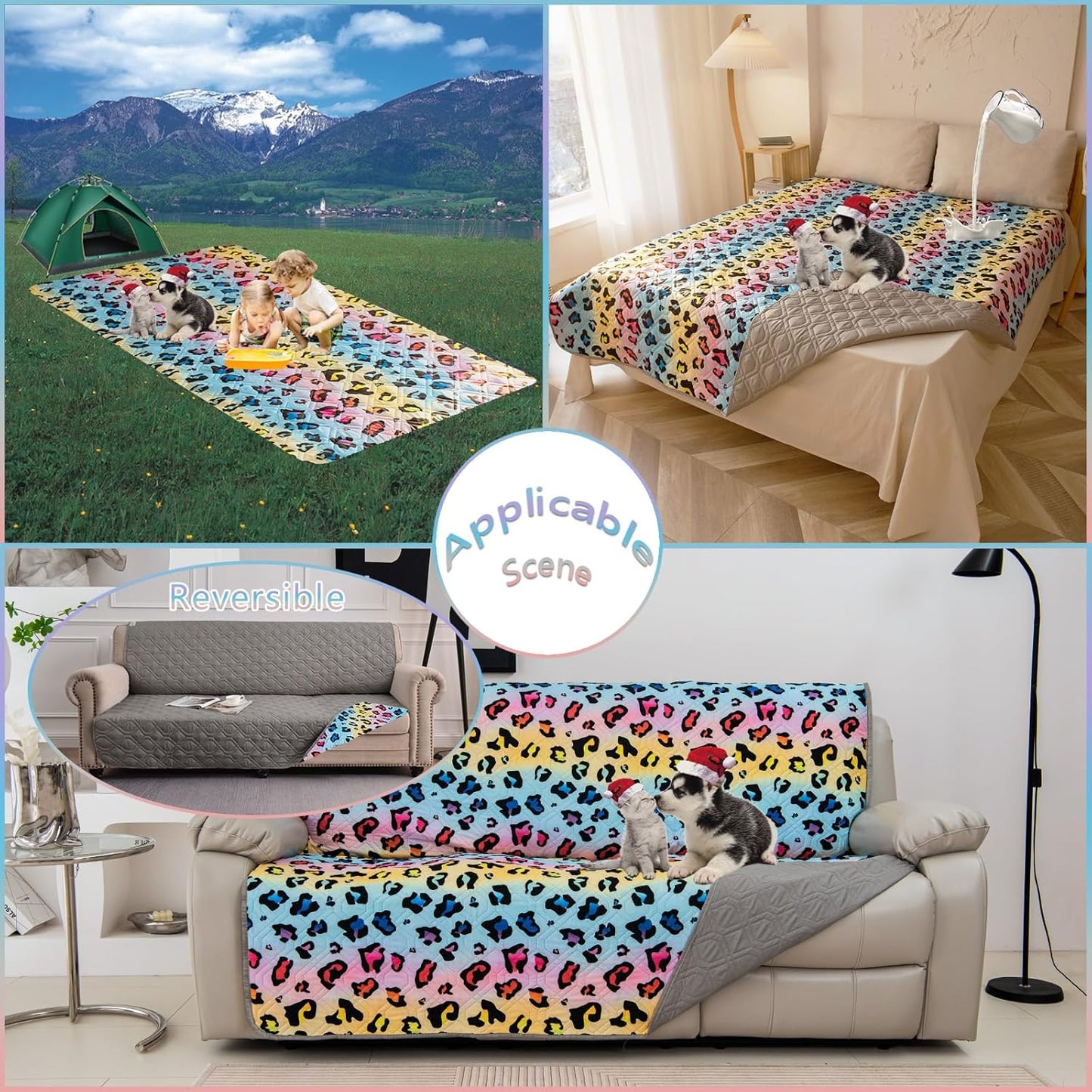 Waterproof Dog Bed Cover 120x82inch Reversible Pad Reusable Camping Mat for Kids/Pet/Dog/Cat Washable Geometric Embroidery Blanket Patchwork Rainbow Leopard Printed+Gray