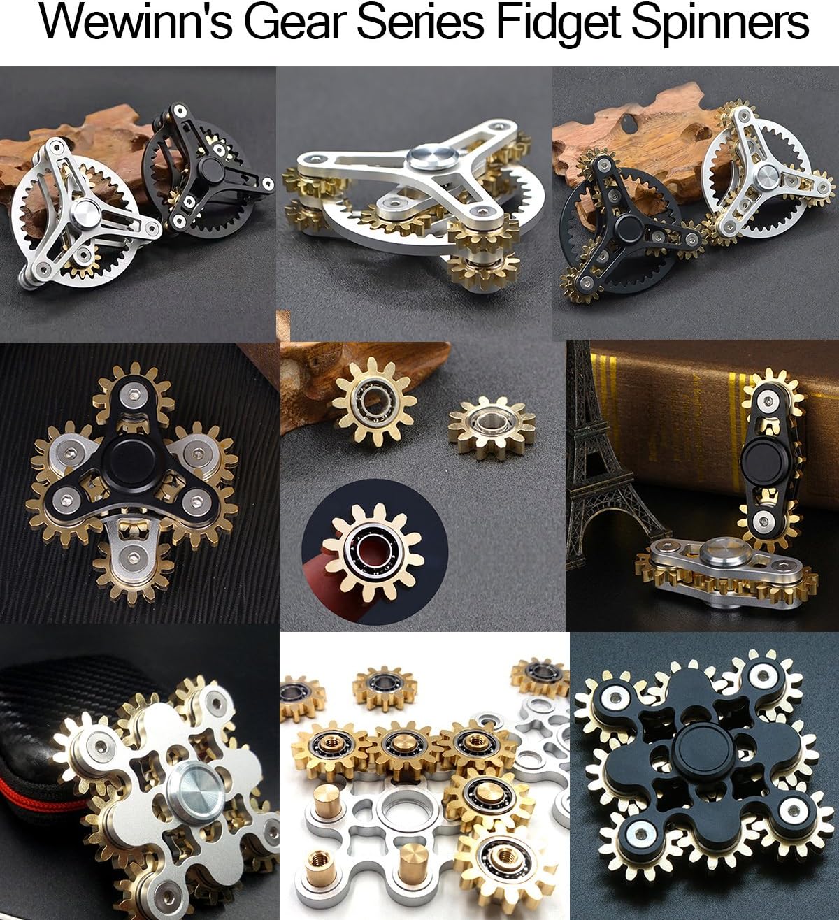 Pure Brass Fidget Spinner Gears Linkage Fidget Gyro Toy Metal DIY Hand Spinner Spins Long Time EDC Focus Meditation Break Bad Habits ADHD with Multiple Premium Bearings (9 Gears Black)