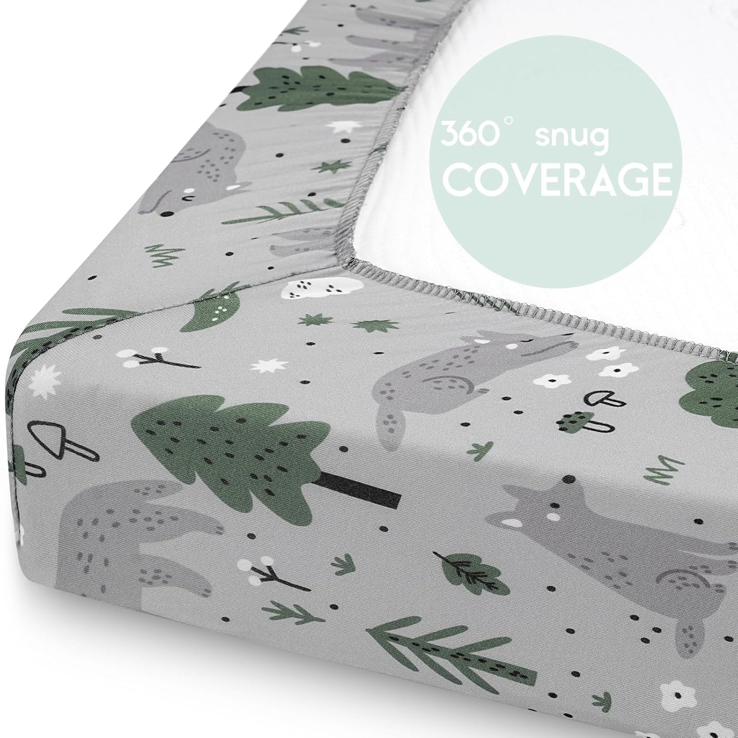Yoofoss Pack and Play Sheets Fitted, Mini Crib Sheets 2-Pack for Pack N Play Mattress, Stretchy Playard Sheet, Soft and Breathable Gray-Green+Fox
