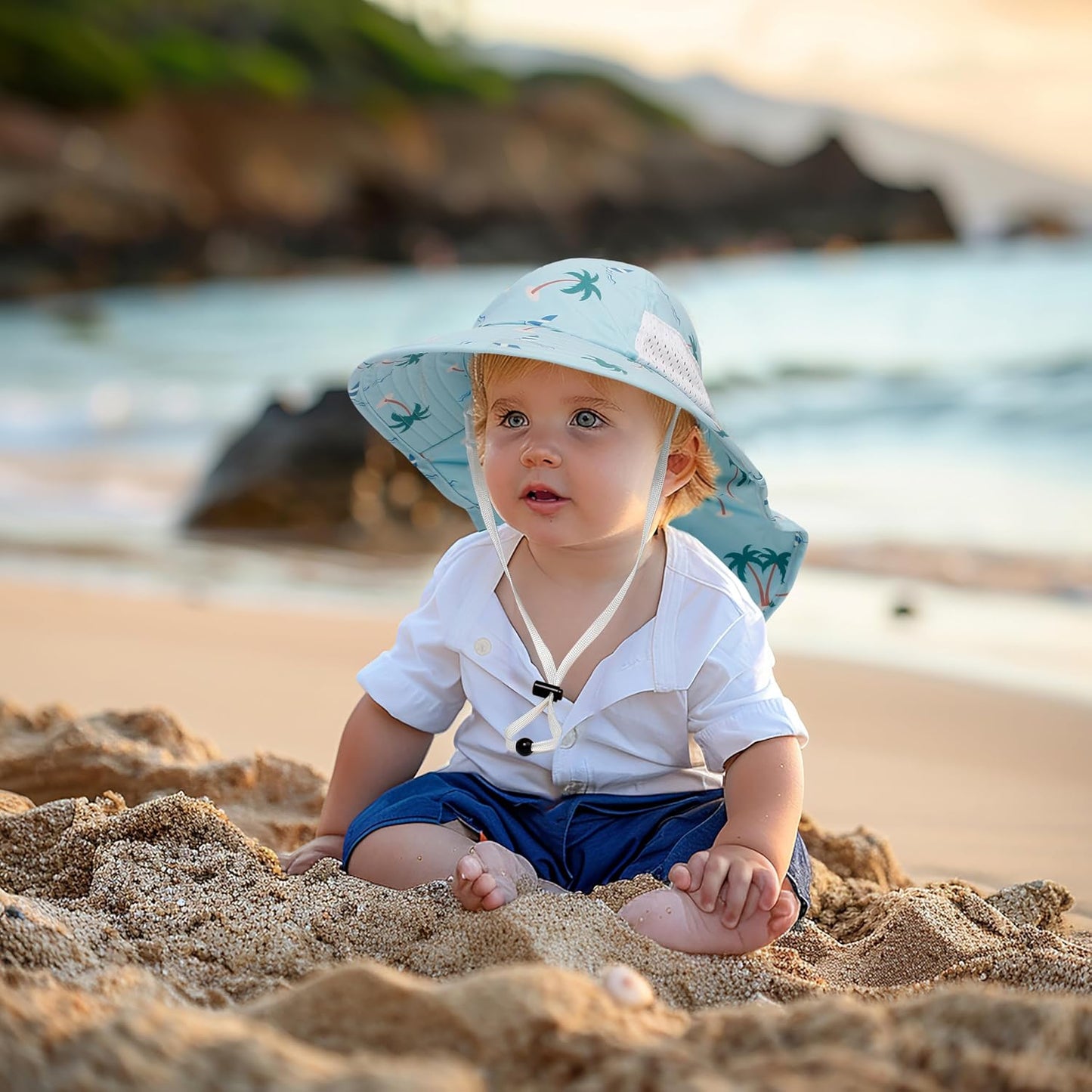 CHUNG Baby Sun Protection Hat Summer Toddler Adjustable UPF 50+ Wide Brim Neck Flap Beach Caps Boys Girls 1-12 Years Kids
