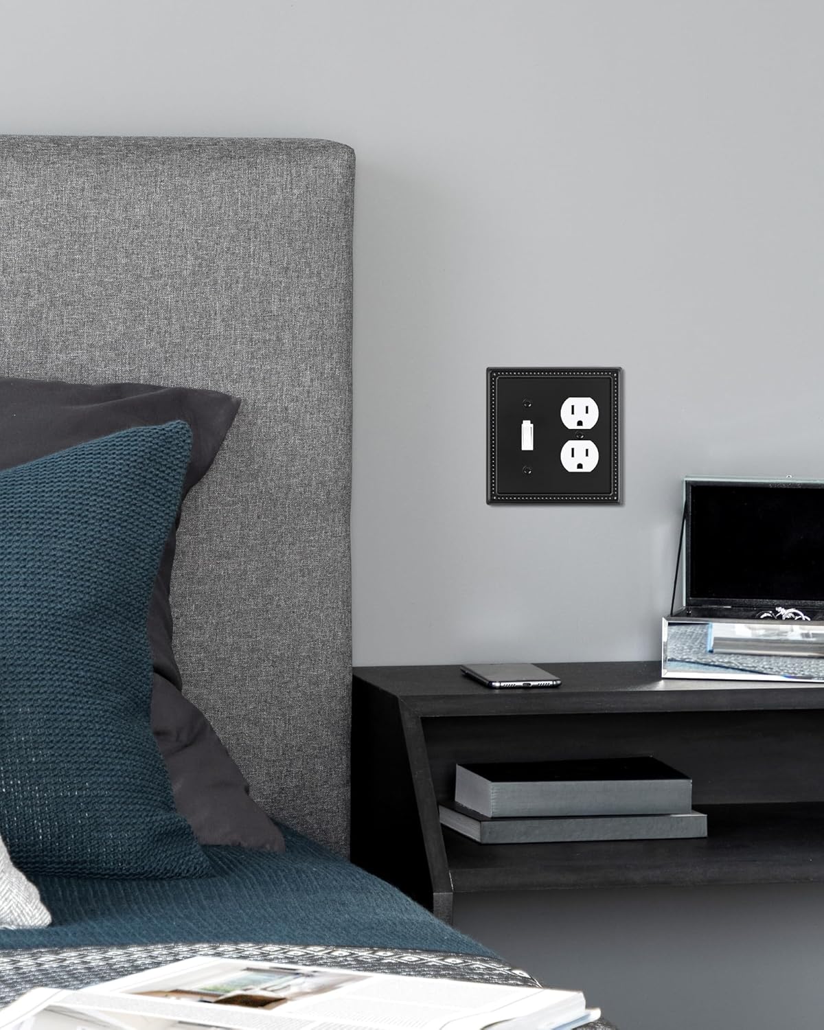 2-Pack Combo Toggle/Duplex Light Switch Cover Plate, Black Metal Wall Outlet Cover Plate, Decorative Beaded Wall Socket Receptacle Cover for Electrical Outlets, Light Switch