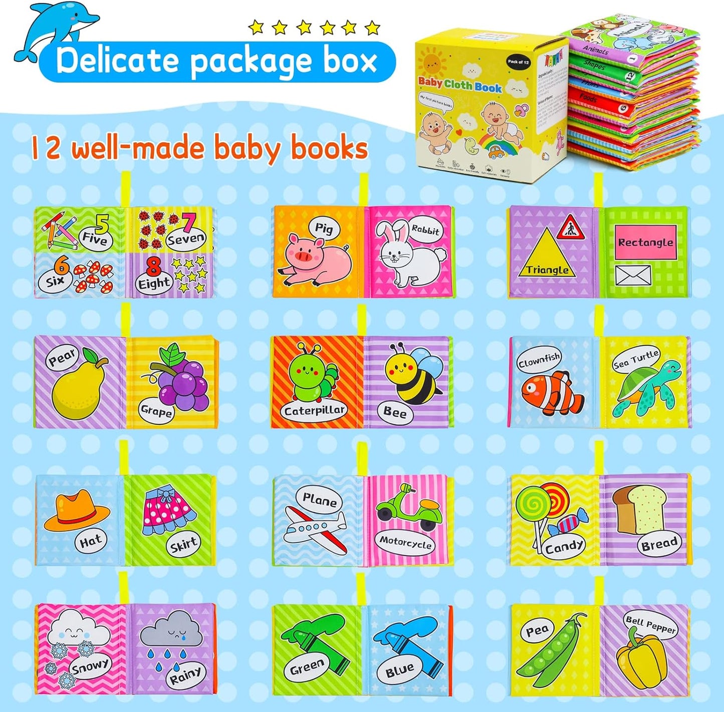OKOOKO 12PCS Soft Baby Books, Soft Cloth Books, Bath Toys, Crinkle Washable Non-Toxic Early Education Preschool Learning Toy for Newborns Babies Infants Toddlers Kids