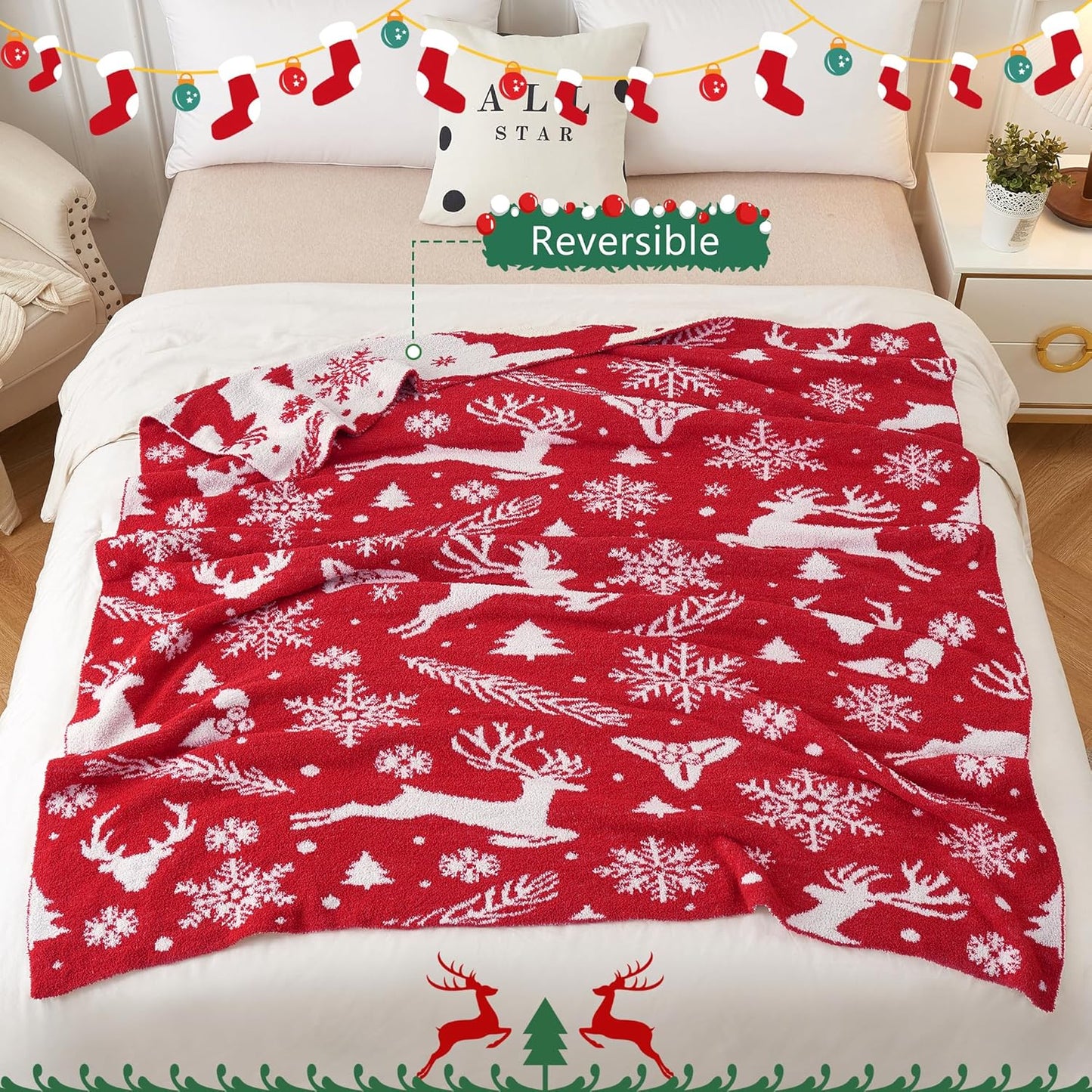 SeaRoomy Christmas Blanket, Ultra Soft Cozy Fuzzy Warm Reversible Knit Throw Blanket for Couch, Microfiber Lightweight Knitted Blanket Holiday Theme Home Christmas Decor (Reindeer, 51"×63")