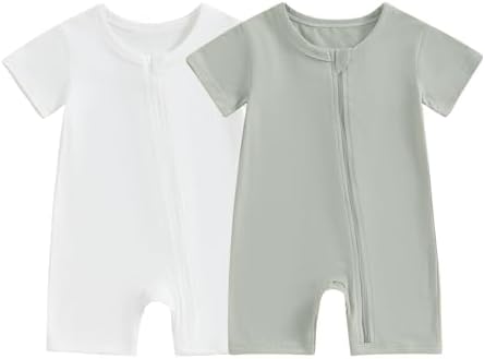 Merqwadd Baby Boy Girl 2 Pack Romper Short Sleeve Zipper Jumpsuit Plain Summer Clothes
