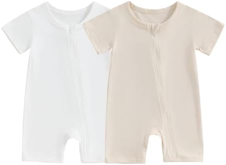Merqwadd Baby Boy Girl 2 Pack Romper Short Sleeve Zipper Jumpsuit Plain Summer Clothes