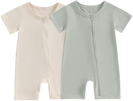 Merqwadd Baby Boy Girl 2 Pack Romper Short Sleeve Zipper Jumpsuit Plain Summer Clothes