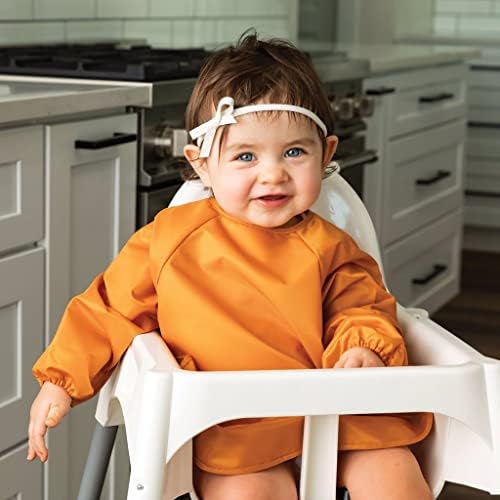 Tiny Twinkle Mess Proof Baby Bibs, 2pk Waterproof Smock Baby Bibs for Eating, Machine Washable Long Sleeve Bibs, Baby Led Weaning, Toddler Bibs, BLW Supplies (Sand Cinnamon, Large 2-4 Years)