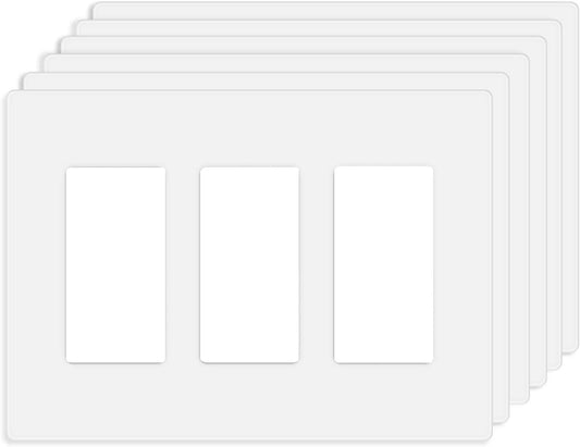 3-Gang Screwless Decorator Wall Plate Cover Switch Outlet Electrical Faceplate for Light Switche, Smart Switch, Receptacle, Dimmers, USB Outlet, GFCI, Child Safe Cover Plate, White (6-Pack)