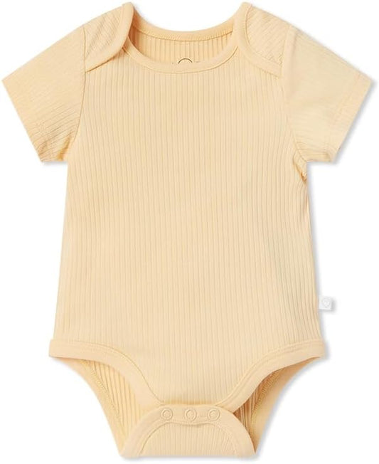 MORI Baby Ribbed Short Sleeve Bodysuit with Envelope Neck and Nickel Free Poppers - Unisex Toddler Romper for Boys and Girls