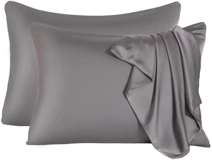 2 Pcs Mulberry Silk Pillowcase for Hair and Skin,Cooling Silk Pillow Case with Hidden Zipper,Allergen Proof Dual Sides Soft Breathable Smooth Silk Pillow Cover for Women(Standard-2PCS,Dark Gray)