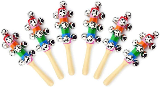 6Pcs Wooden Jingle Hand Bells,Rainbow Handle Wooden Bells Jingle Stick Shaker Rattle Baby Kids Children Musical Toys