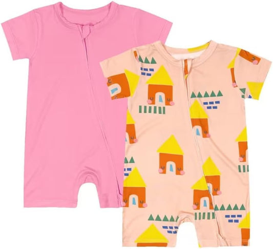 Teach Leanbh Baby Boys Girls 2 Pack Bamboo Viscose Pajamas 2 Way Zipper Short Sleeve Romper Jumpsuit Sleep and Play