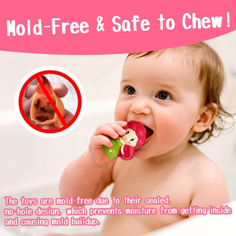 No Hole Bath Toys for Kids Ages 1-3, 8 Pcs Girl Bath Toys with Storage and Net, Sealed & Squeezable & Float on Water